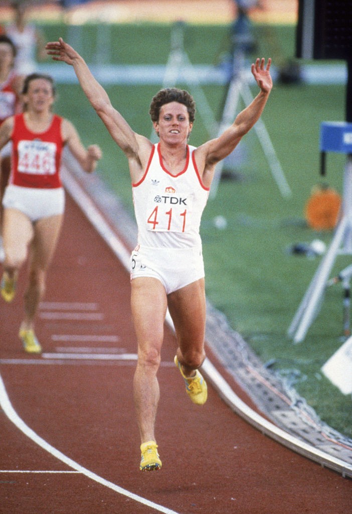 Czech athlete Jarmila Kratochvilova wins the 800 m event in a time of 1:54.68 at the 1983 World Championships in Athletics, Helsinki, August 1983. (Photo by Steve Powell/Getty Images)