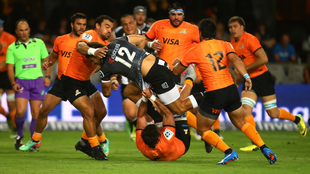 DURBAN, SOUTH AFRICA - MARCH 05: Agustn Creevy (captain) of the Jaguares tackling Andre Esterhuizen of the Cell C Sharks during the 2016 Super Rugby match between Cell C Sharks and Jaguares at Growthpoint Kings Park Stadium on March 05, 2016 in Durban, South Africa. (Photo by Steve Haag/Gallo Images/Getty Images)