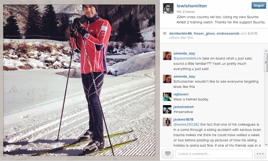 Lewis Hamilton posta foto esquiando e é alvo de críticas 