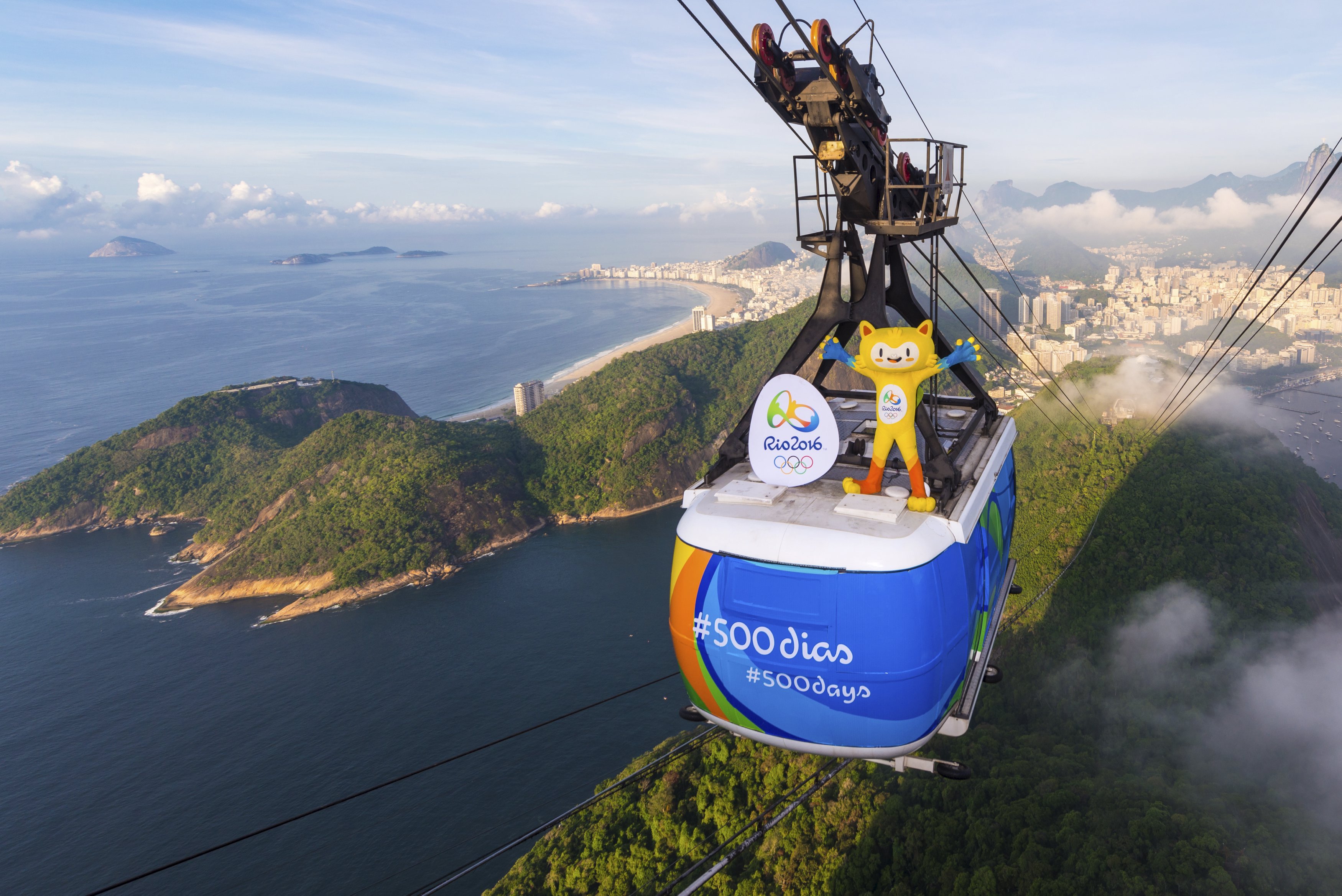 Rio 2016 Olympic mascot Vinicius is seen on the top of the Sugarloaf cable car, to mark 500 days to go until the Opening Ceremony of the 2016 Olympic Games in Rio de Janeiro