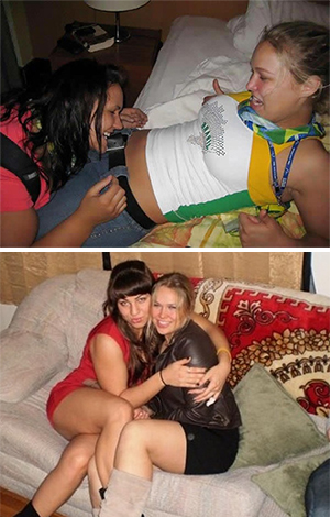 Ronda Rousey em uma foto que vazou (a de cima) e gerou questionamentos quando à sua sexualidade. Na segunda, ela está com a companheira de treinos Marina Shafir