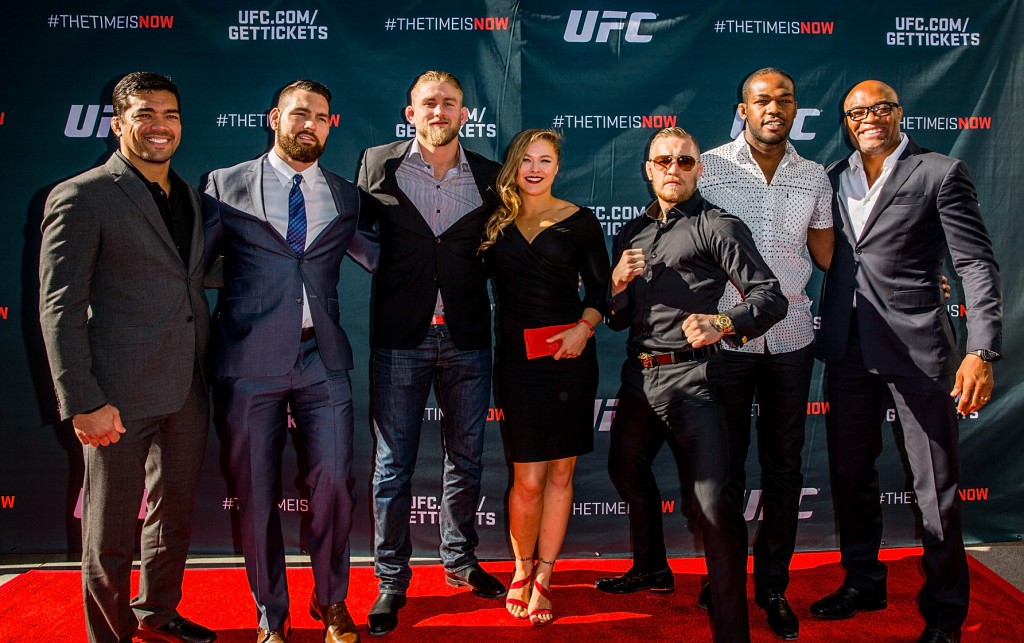 LAS VEGAS, NEVADA - NOVEMBER 17: (L-R) UFC fighters Lyoto Machida, Chris Weidman, Alexander Gustafsson, Ronda Rousey, Conor McGregor, Jon Jones and Anderson Silva arrive at the UFC Time Is Now press conference at The Smith Center for the Performing Arts on November 17, 2014 in Las Vegas, Nevada. (Photo by Elliott Howard/Zuffa LLC/Zuffa LLC via Getty Images)