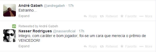 André Gabeh, do BBB1, achou o resultado “estranho” e retuitou a homenagem de Nasser Rodrigues, do BBB13, ao rapper eliminado