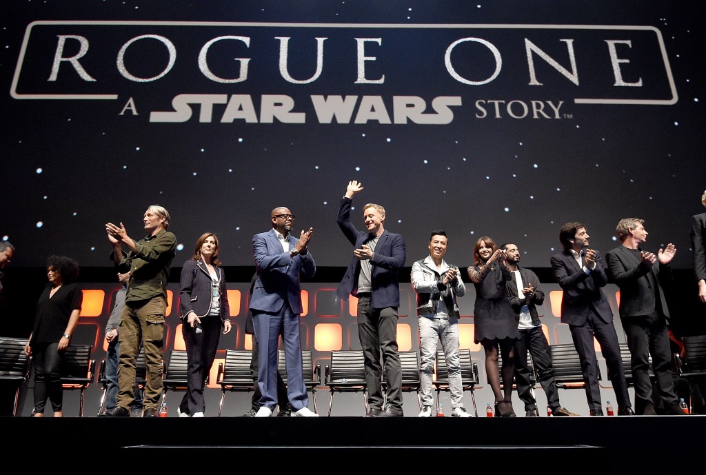 LONDON, ENGLAND - JULY 15: (L-R) Kiri Hart, Mads Mikkelsen, Kathleen Kennedy, Forest Whitaker, Alan Tudyk, Donnie Yen, Felicity Jones, Riz Ahmed, Diego Luna and Ben Mendelsohn on stage during the Rogue One Panel at the Star Wars Celebration 2016 at ExCel on July 15, 2016 in London, England. (Photo by Ben A. Pruchnie/Getty Images for Walt Disney Studios) *** Local Caption *** Kiri Hart; Gareth Edwards; Kathleen Kennedy; Forest Whitaker; Mads Mikkelsen; Alan Tudyk; Donnie Yen; Felicity Jones; Riz Ahmed; Diego Luna; Ben Mendelsohn