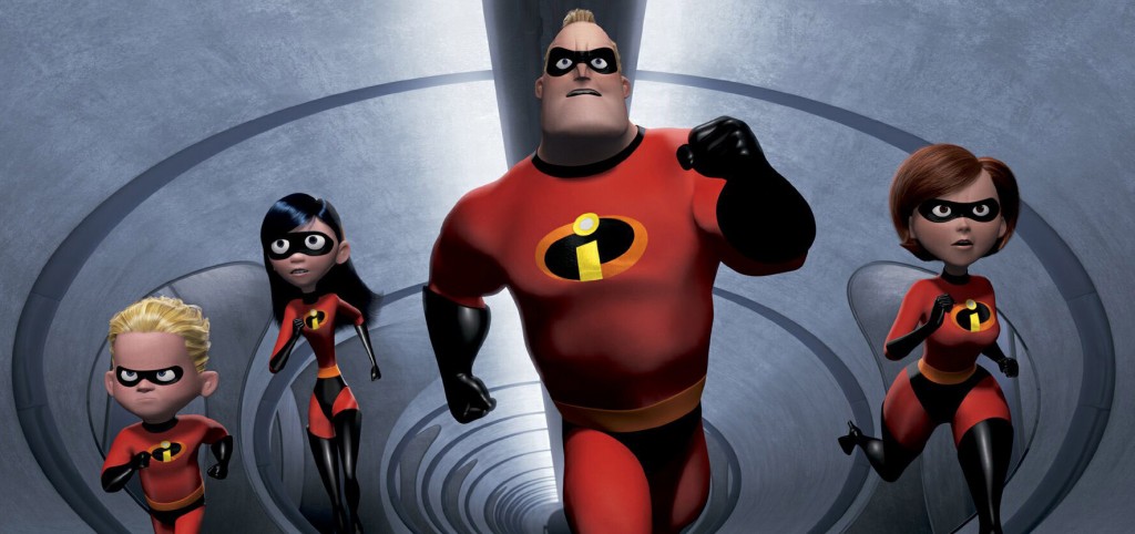 FILE - In this undated animated still frame released by Pixar, The Incredibles family: speedy 10-year old Dash, left, shy teenager Violet, second from left, the strong and heroic Mr. Incredible, center, and ultra-flexible Elastigirl appear in this scene from 