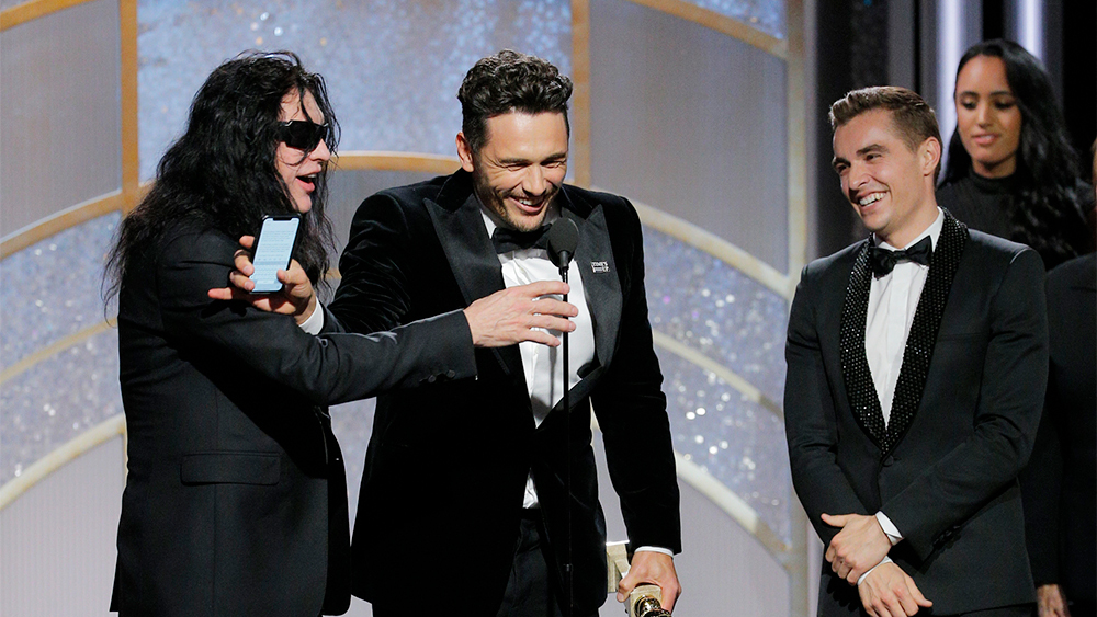 75th ANNUAL GOLDEN GLOBE AWARDS -- Pictured: (l-r) Tommy Wiseau, James Franco, The Disaster Artist, winner Best Performance by an Actor in a Motion Picture  Musical or Comedy; Dave Franco at the 75th Annual Golden Globe Awards held at the Beverly Hilton Hotel on January 7, 2018 -- (Photo by: Paul Drinkwater/NBC)