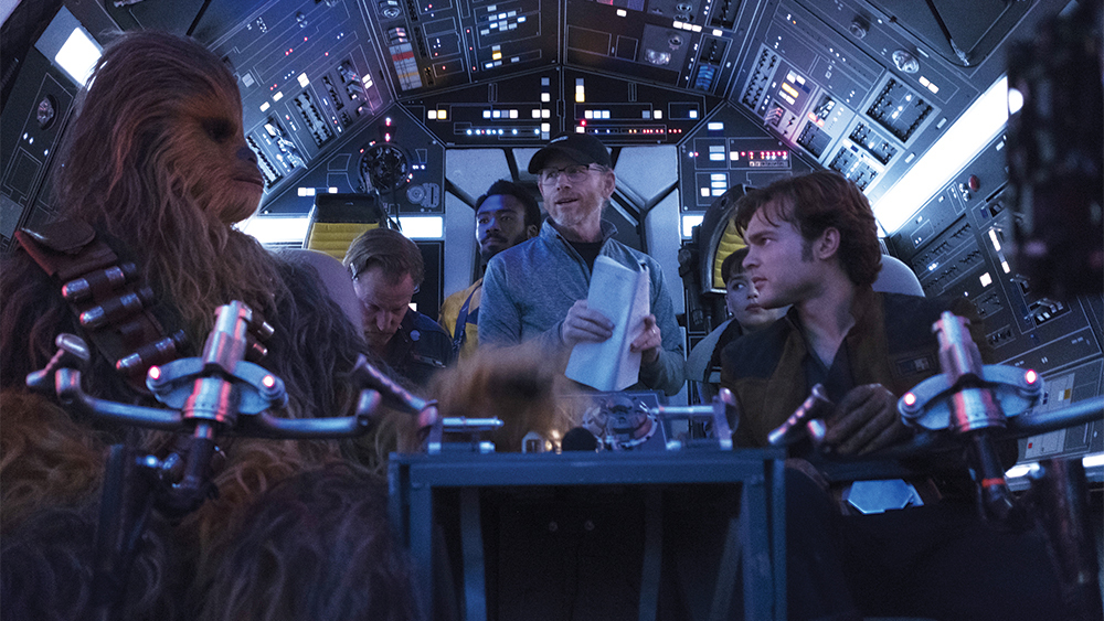 Joonas Suotamo, Woody Harrelson, Donald Glover, Ron Howard, Emilia Clarke and Alden Ehrenreich on the set of SOLO: A STAR WARS STORY.