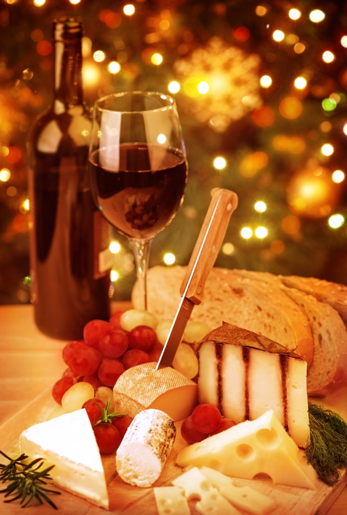 Christmas table, festive food still life, romantic cheese and wine set up, Xmas party at home