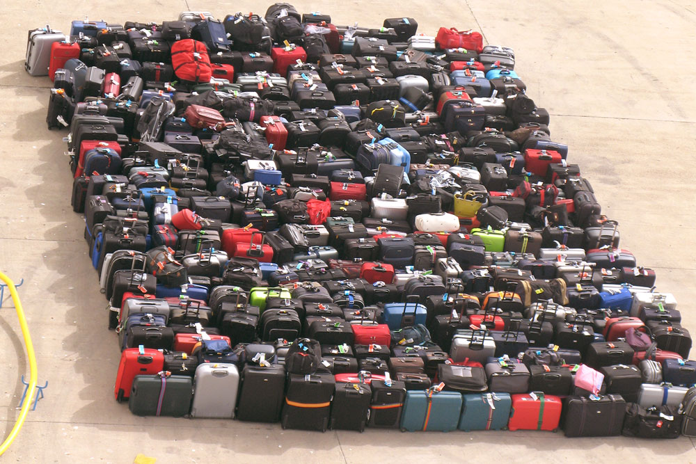 Upper view of organized luggage at airport arrival