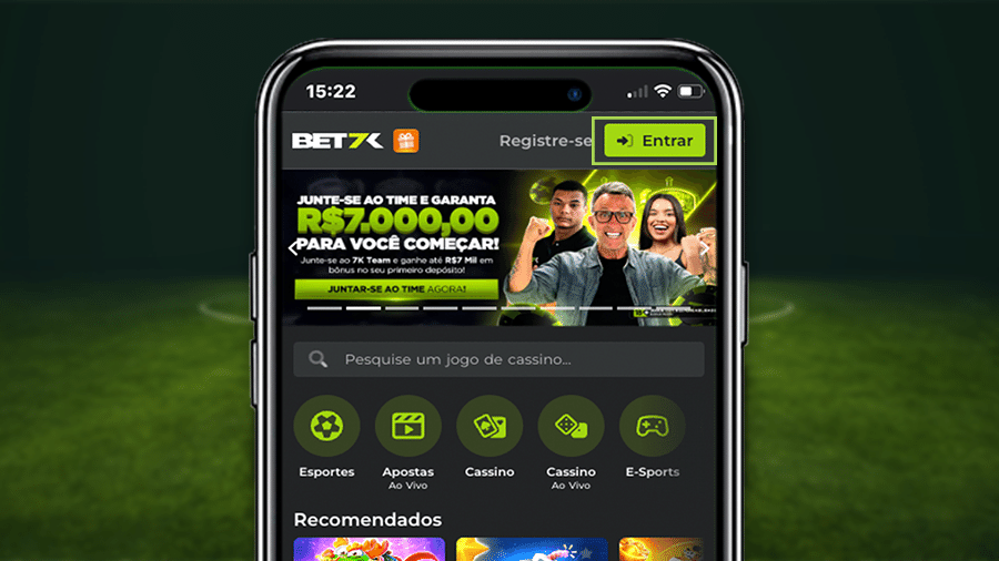 Fazer Login na Bet7k pelo aplicativo.