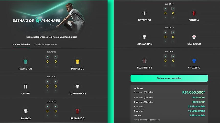 Exemplo de uma aposta no desafio 6 Placares no Brasileirão