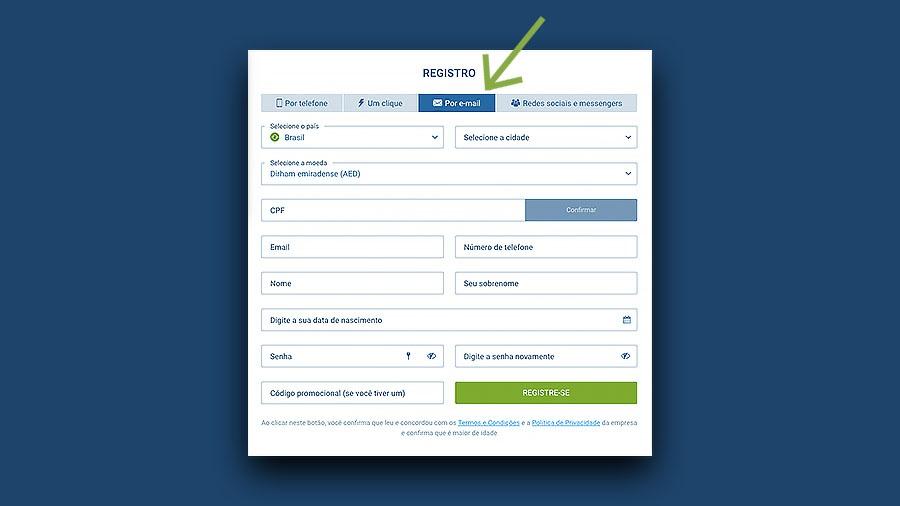 Registro na 1xBet com o email