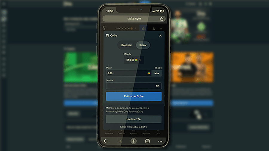 Na Stake você pode fazer saques via Pix, Vcreditos, Astropay e criptomoedas.