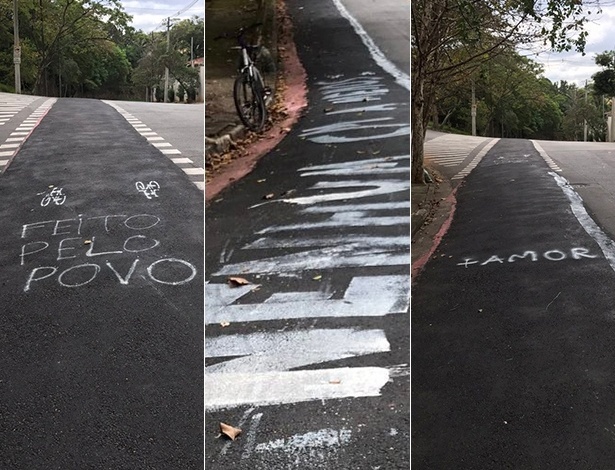Mensagens como "feito pelo povo" e "nenhum cm a menos" foram pintadas na ciclofaixa - Mauricio Andrade/Bike Zona Oeste