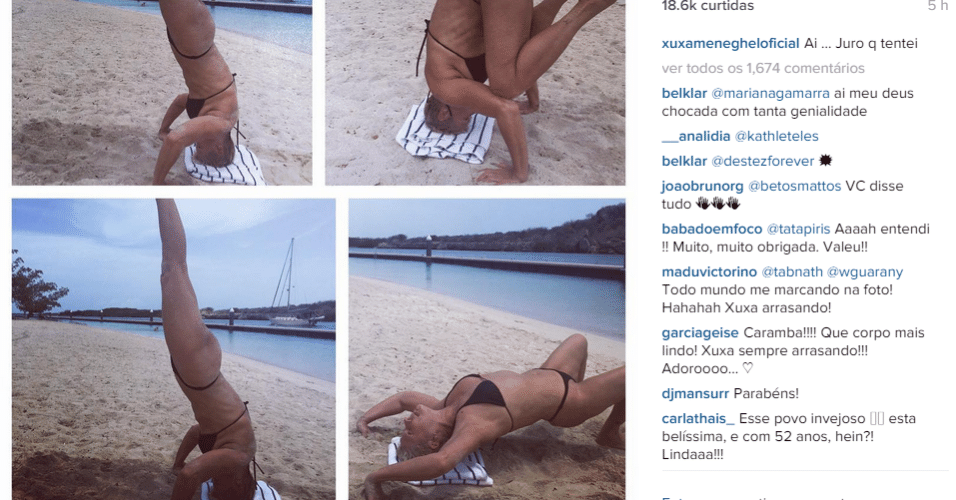 8.jul.2015 - Xuxa postou foto nesta quarta-feira, no Instagram, em que aparece fazendo posições de ioga apenas de biquíni; os fãs da apresentadora elogiaram a boa forma da artista, que tem 52 anos 