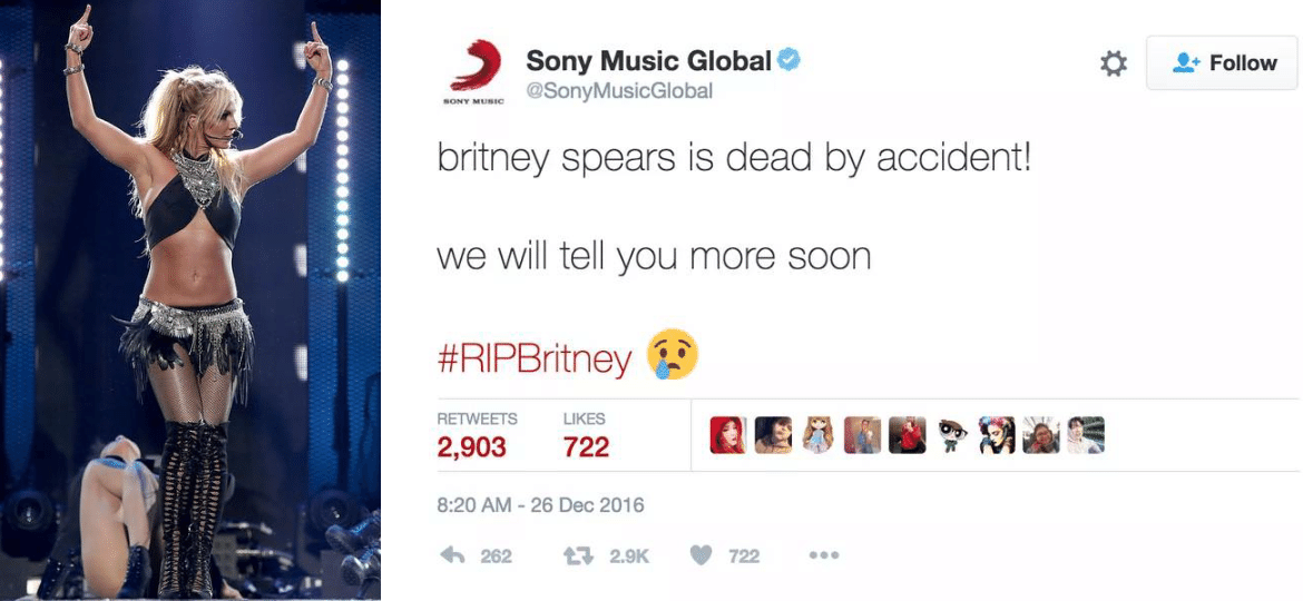 26.dez.2016 - Conta da gravadora Sony Music no Twitter anuncia a morte da cantora Britney Spears - Reprodução/Instagram/britneyspears;Reprodução/Twitter/SonyMusicGlobal