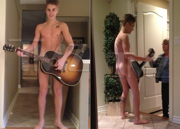 12.ago.2013 - Justin Bieber está fora de controle também em família. Durante o feriado do Dia de Ação de Graças (comemorado nos EUA e no Canadá), o cantor ficou pelado e se cobriu com apenas um violão ao fazer uma serenata para a avó, em Toronto, no Canadá, segundo o site TMZ, que publicou as fotos