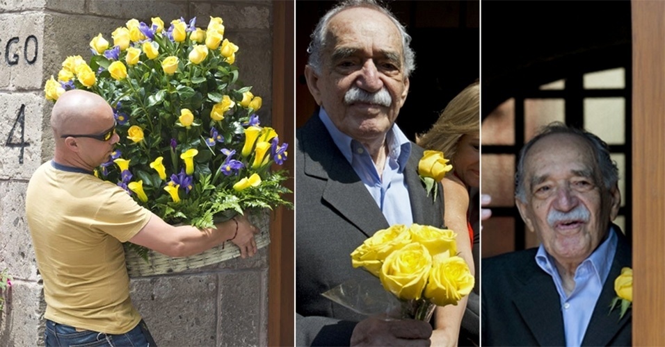 8.mar.2014 - Na imagem à direita, uma cesta com flores é entregue na residência de Gabriel García Márquez, na Cidade do México. O escritor, como mostram as outras imagens, é apaixonado por flores amarelas, pois considera que elas trazem sorte - segundo relatos de pesquisadores do colombiano - OMAR TORRES/AFP, YURI CORTEZ/AFP, YURI CORTEZ/AFP