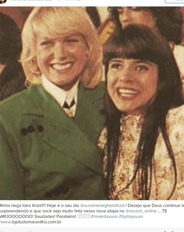 27.mar.2015 - A cantora e apresentadora Mara Maravilha parabenizou Xuxa por meio de seu Instagram. "Desejo que Deus continue te surpreendendo e que você seja muito feliz nessa nova etapa", disse ela. A nova etapa citada por Mara Maravilha é a carreira da loira na Record, emissora que a contratou - Reprodução/Instagram