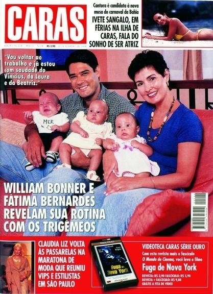 21.out.1997 - Fátima Bernardes deu à luz trigêmeos - Vinícius, Laura e Beatriz. Casada com William Bonner, a jornalista e apresentadora teve o sonho da maternidade realizado por um procedimento de inseminação artificial - Reprodução