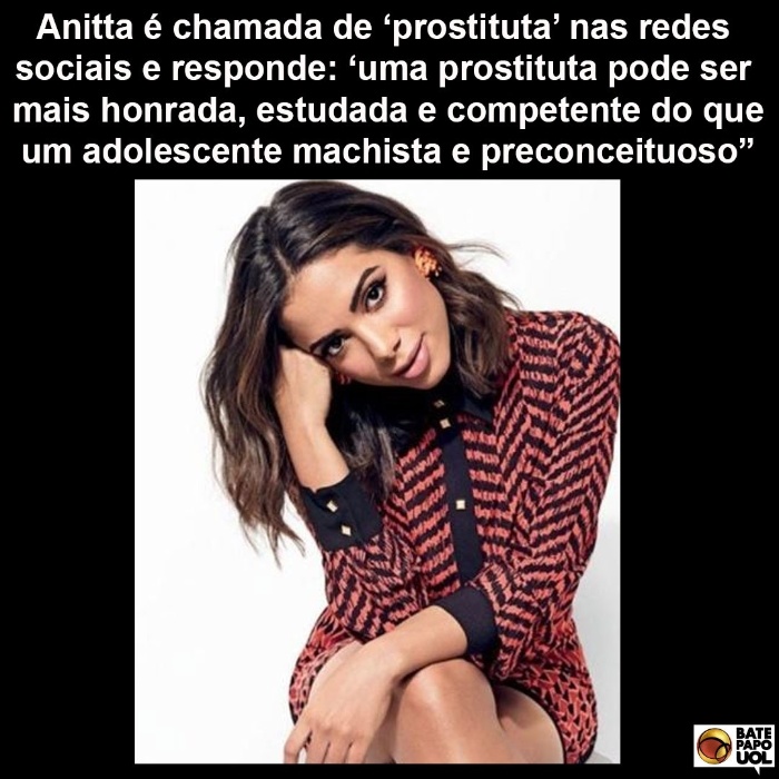 18.mai.2017 - A resposta de Anitta a um internauta que a chamou de 'prostituta' levou mais de 840 reações, comentários e compartilhamentos no perfil do Bate-papo UOL no Facebook.