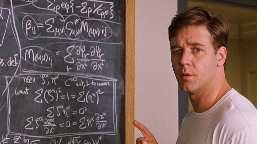 Russell Crowe interpreta o gênio da matemática John Nash Jr. em "Uma Mente Brilhante"