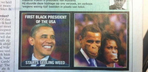 Publicada no jornal belga "De Morgen", a imagem do presidente dos EUA, Barack Obama, e da primeira-dama, Michelle, representados como macacos gerou forte reação da comunidade internacional - Reprodução/Twitter