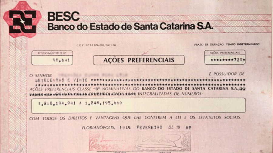 Cártula do Besc, banco extinto em 2008 e incorporado pelo Banco do Brasil