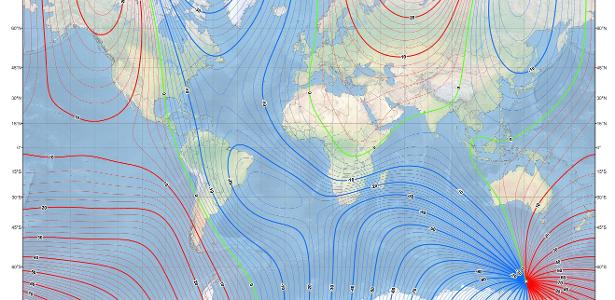 Modelo mostra linhas com declinação magnética da Terra: nem sempre a bússola aponta para o norte geográfico