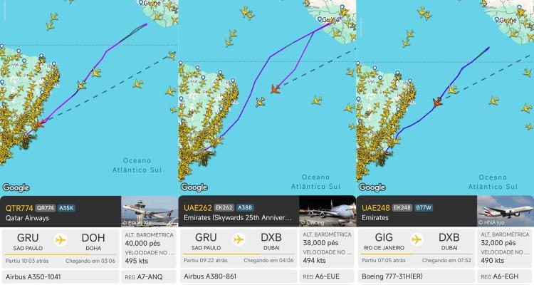 Montagem mostra aviões que saíram do Brasil rumo ao Oriente Médio e precisaram voltar após ataques ao Irã
