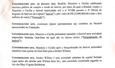 Trecho do contrato prevendo a venda da casa da família Diniz para offshore de Wilians