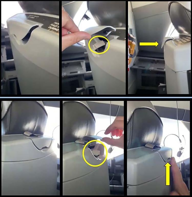 Assento do 787 que sofreu incidente em março na rota entre Chile e Austrália: Proteção do interruptor do lado do comandante não está fechado (fotos da parte de cima), enquanto o do copiloto está (fotos de baixo).
