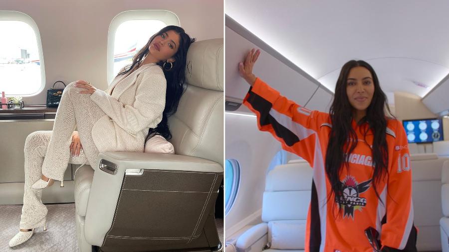 Kylie Jenner e Kim Kardashian posam em seus jatinhos particulares - Montagem/Reprodução