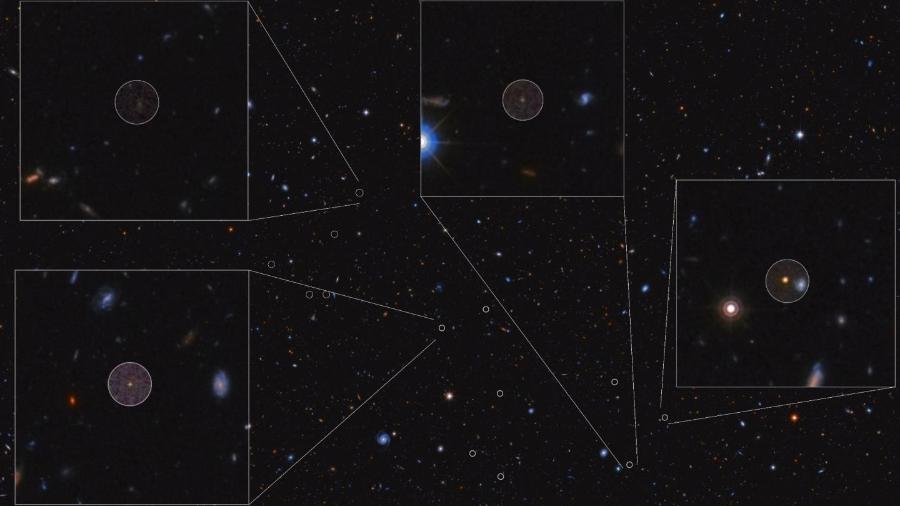 A imagem mostra 5 das 23 galáxias descobertas no protoaglomerado de HDF 850.1. A distância entre as galáxias e o seu brilho fraco tornam o trabalho de identificação um grande desafio - Nasa/ ESA/ GOODS-N+3DHST+CANDELS Team/ Daniel López/ IAC