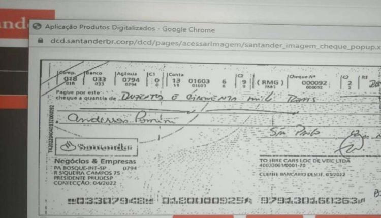 Cheque endereçado a Anderson Pomini de empresa usada como intermediária pela Conafer