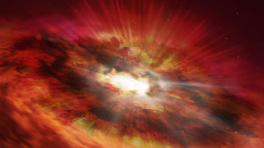 Impressão artística da região ao redor do buraco negro supermassivo, na galáxia GNz7q - ESA/Hubble N. Bartmann