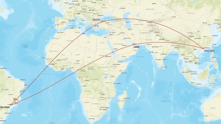 Rota entre o aeroporto de Guarulhos (SP) e o de Hong Kong (China) é menor via Dubai (Emirados Árabes Unidos) do que via Istambul (Turquia)