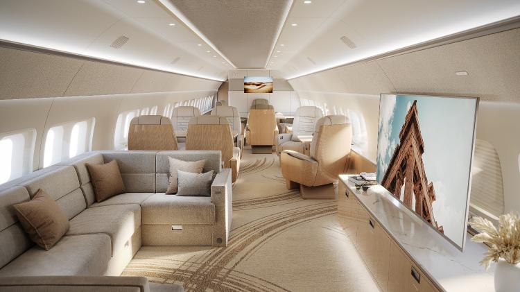 Lounge do avião BBJ Select: Modelo executivo tem como foco ultrarricos, chefes de estado e executivos de altíssimo escalão Lounge do avião BBJ Select: Modelo executivo tem como foco ultrarricos, chefes de estado e executivos de altíssimo escalão