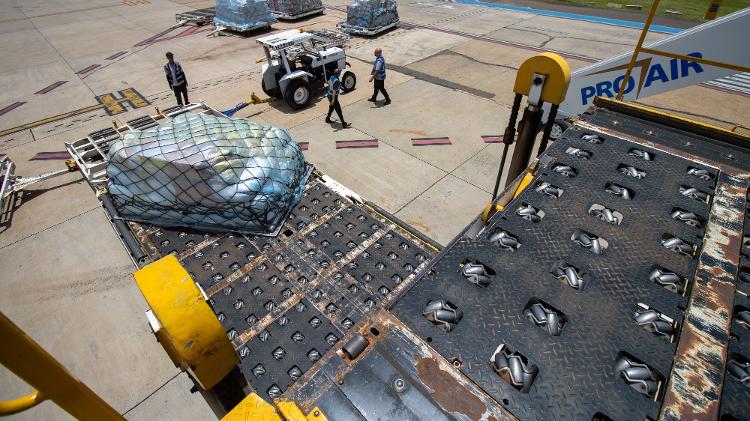  mercadorias são separadas por destino, carregadas em paletes/lâminas e colocadas no avião por meio de plataformas elevatórias