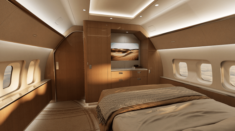 Dormitório VIP do avião BBJ Select: Modelo executivo tem como foco ultrarricos, chefes de estado e executivos de altíssimo escalão Dormitório VIP do avião BBJ Select: Modelo executivo tem como foco ultrarricos, chefes de estado e executivos de altíssimo escalão