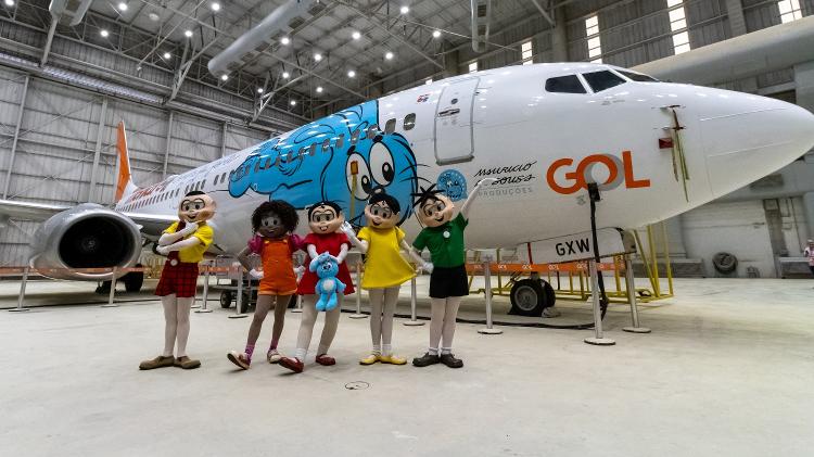 Avião da Gol decorado em homenagem aos 60 anos da personagem Mônica, de Mauricio de Sousa