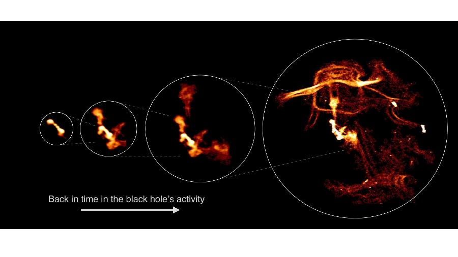 Imagem da emissão de rádio do gás aquecido e espalhado por um buraco negro supermassivo - Universidade de Bolonha