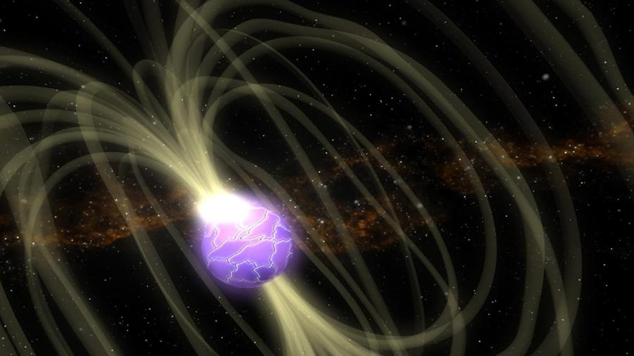 Ilustração de um pulsar, com intensos campos magnéticos que representam a estrutura compacta da estrela de nêutrons no centro - Nasa/ Goddard Space Flight Center Conceptual Image Lab