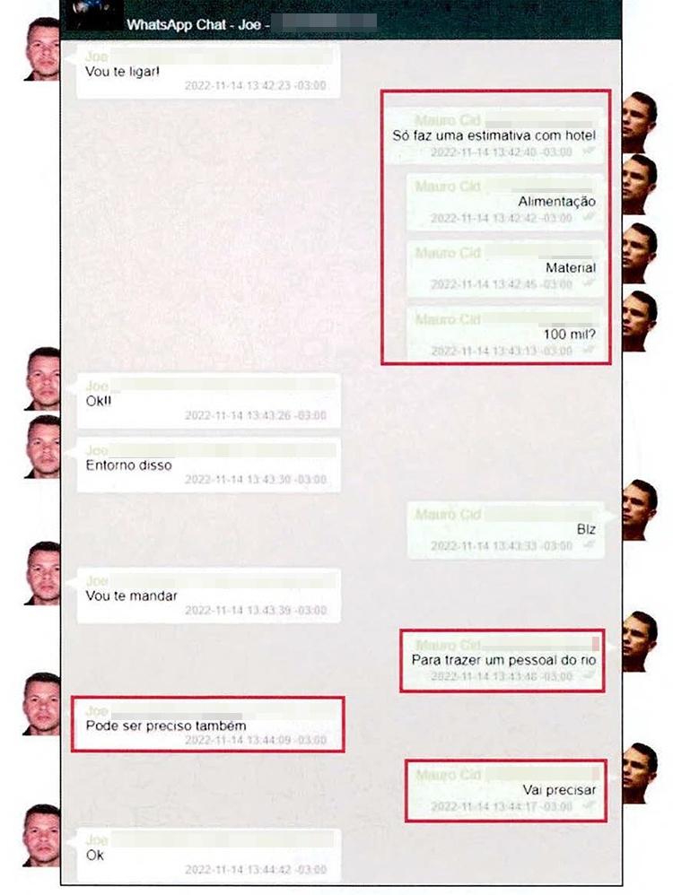 Troca de mensagens entre Rafael Martins de Oliveira e Mauro Cid sobre financiamento de atos golpistas
