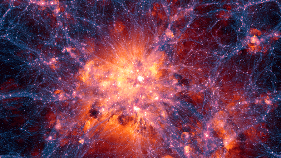 Exemplo de imagem gerada pela simulação computacional Illustris. Cada ponto na imagem representa uma galáxia virtual - Colaboração Illustris
