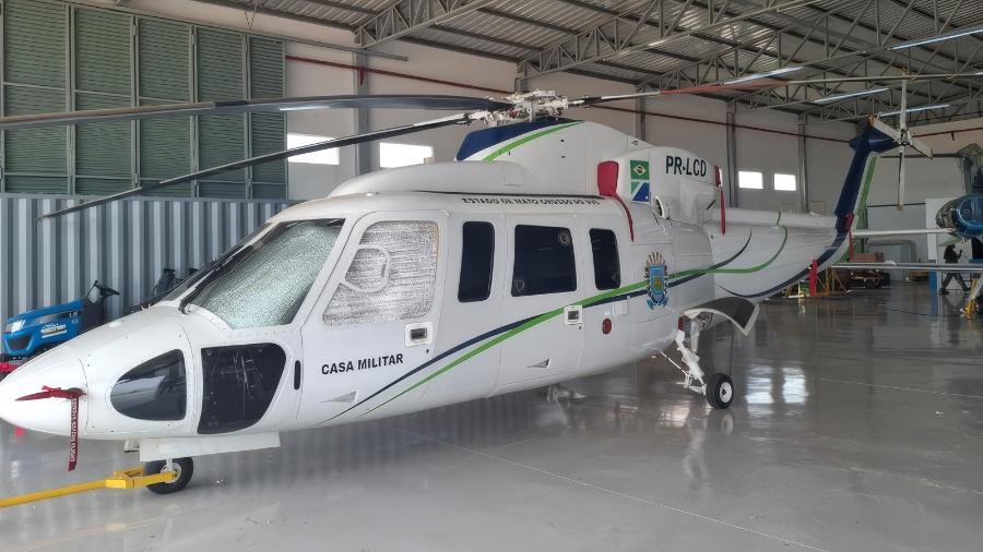 Helicóptero SIkorsky S76 que irá a leilão na pintura usada pelo governo de Mato Grosso do Sul