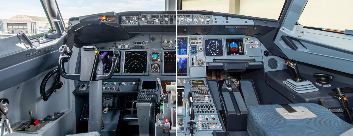 Cabines do Boeing B737 e do Airbus A320, respectivamente. Diferenças são sutis, mas requerem treino específico - Montagem com imagens de Matti Blume e de divulgação da Airbus