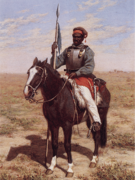 Lanceiro negro, retratado na pintura "Lanceiros da época Rivera", de Juan Manuel Blanes. - Ediciones Banco Velox