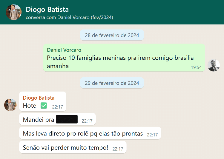Vorcaro diz que precisa de meninas para levar para Brasília