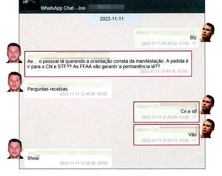 Troca de mensagens entre Rafael Martins de Oliveira e Mauro Cid sobre financiamento de atos golpistas
